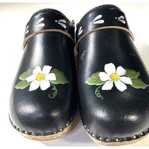 Handmade Swedish Black Leather Clogs With Hand-Painted Flowers Wood Sole Size 37